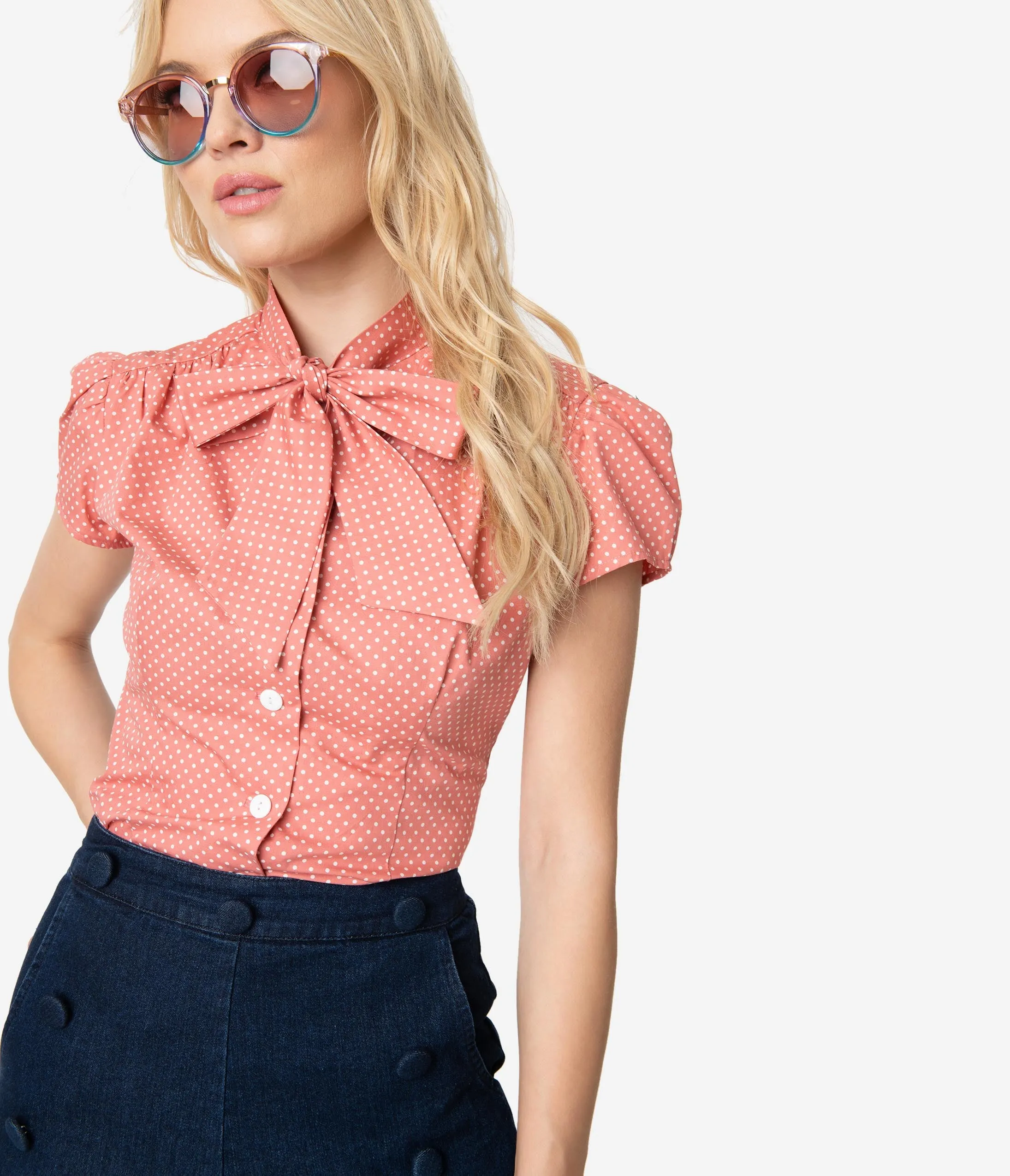 Retro Solid Rose Pink & White Pin Dot Cap Sleeve Estelle Blouse