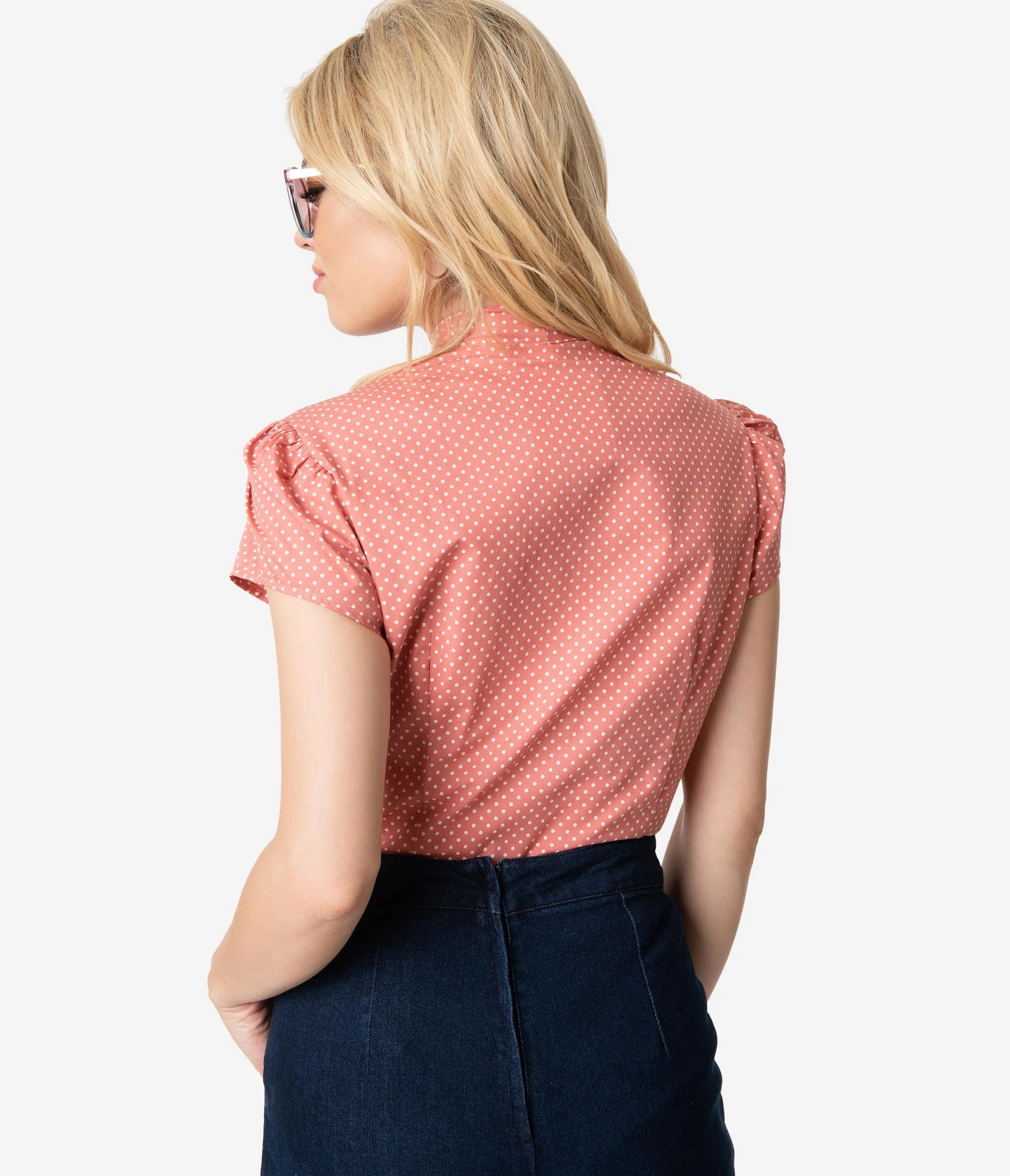 Retro Solid Rose Pink & White Pin Dot Cap Sleeve Estelle Blouse