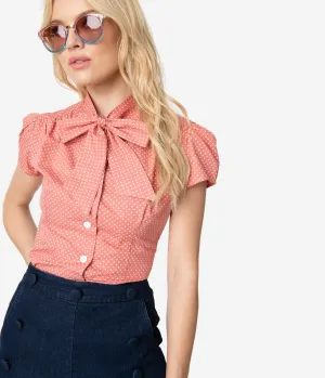 Retro Solid Rose Pink & White Pin Dot Cap Sleeve Estelle Blouse