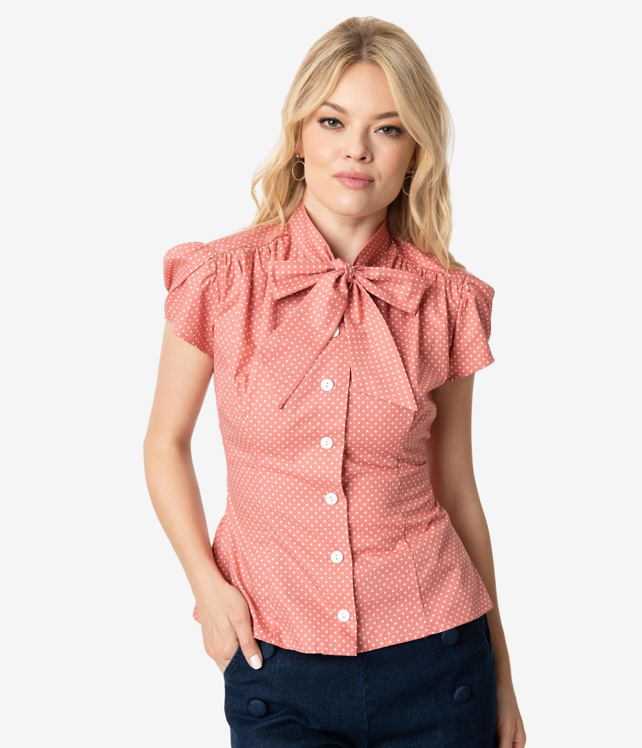 Retro Solid Rose Pink & White Pin Dot Cap Sleeve Estelle Blouse