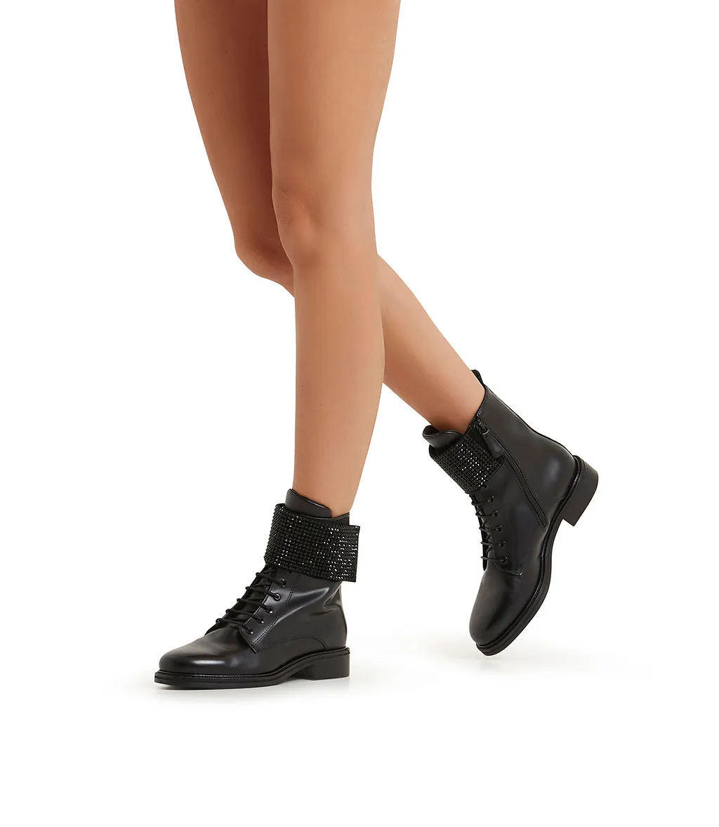 Rhinestoned-strap black leather ankle boots
