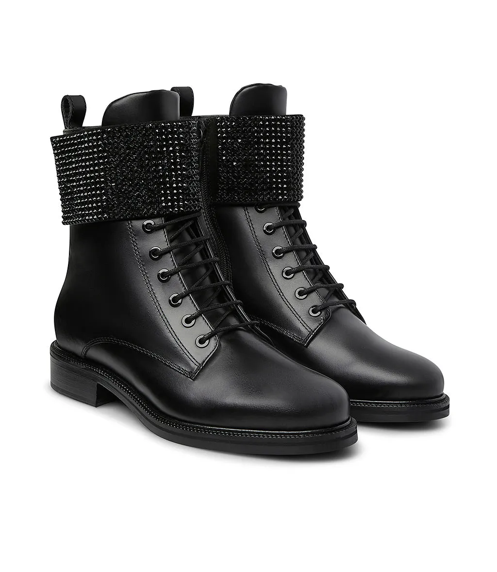 Rhinestoned-strap black leather ankle boots