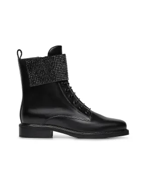 Rhinestoned-strap black leather ankle boots