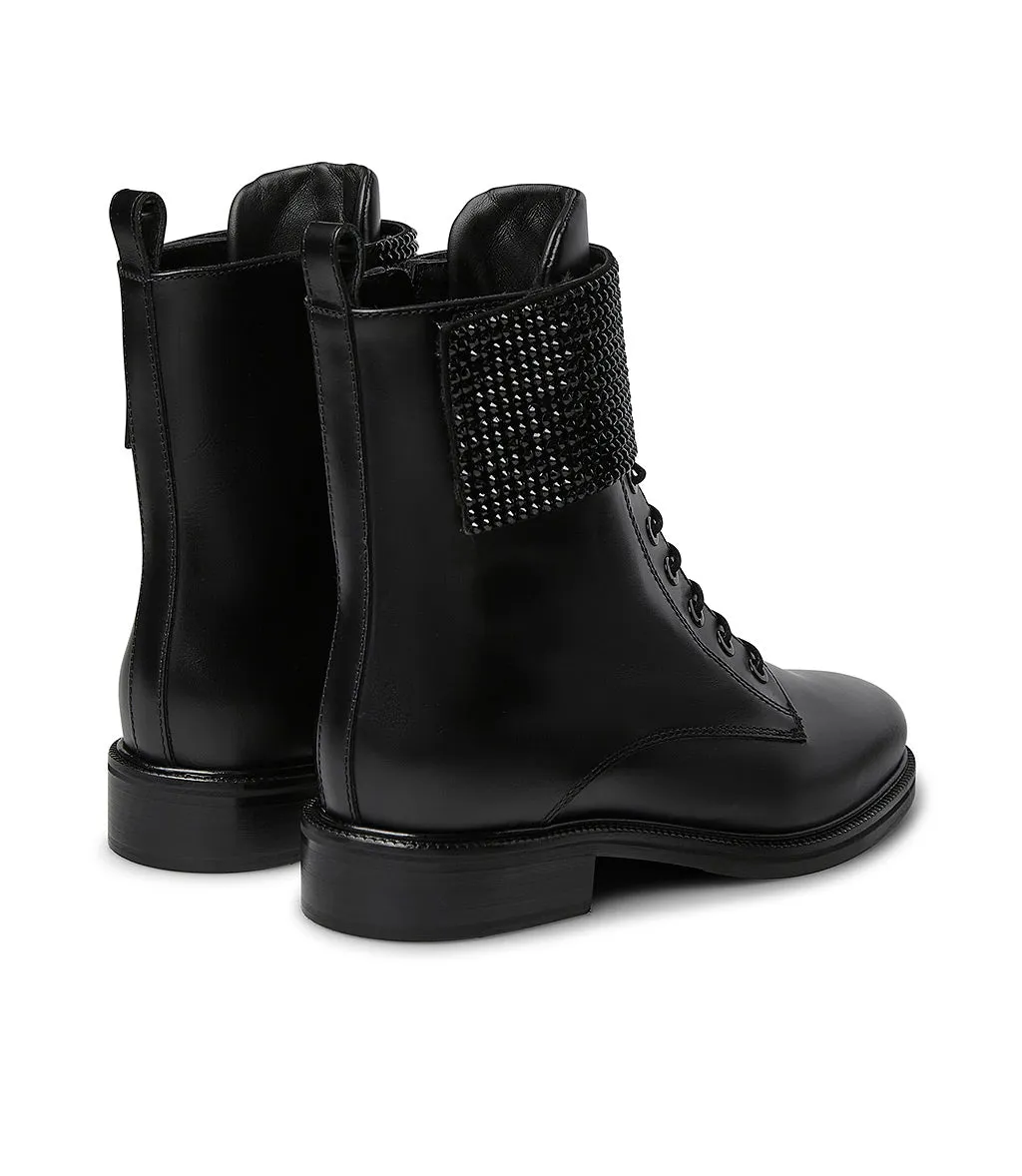 Rhinestoned-strap black leather ankle boots