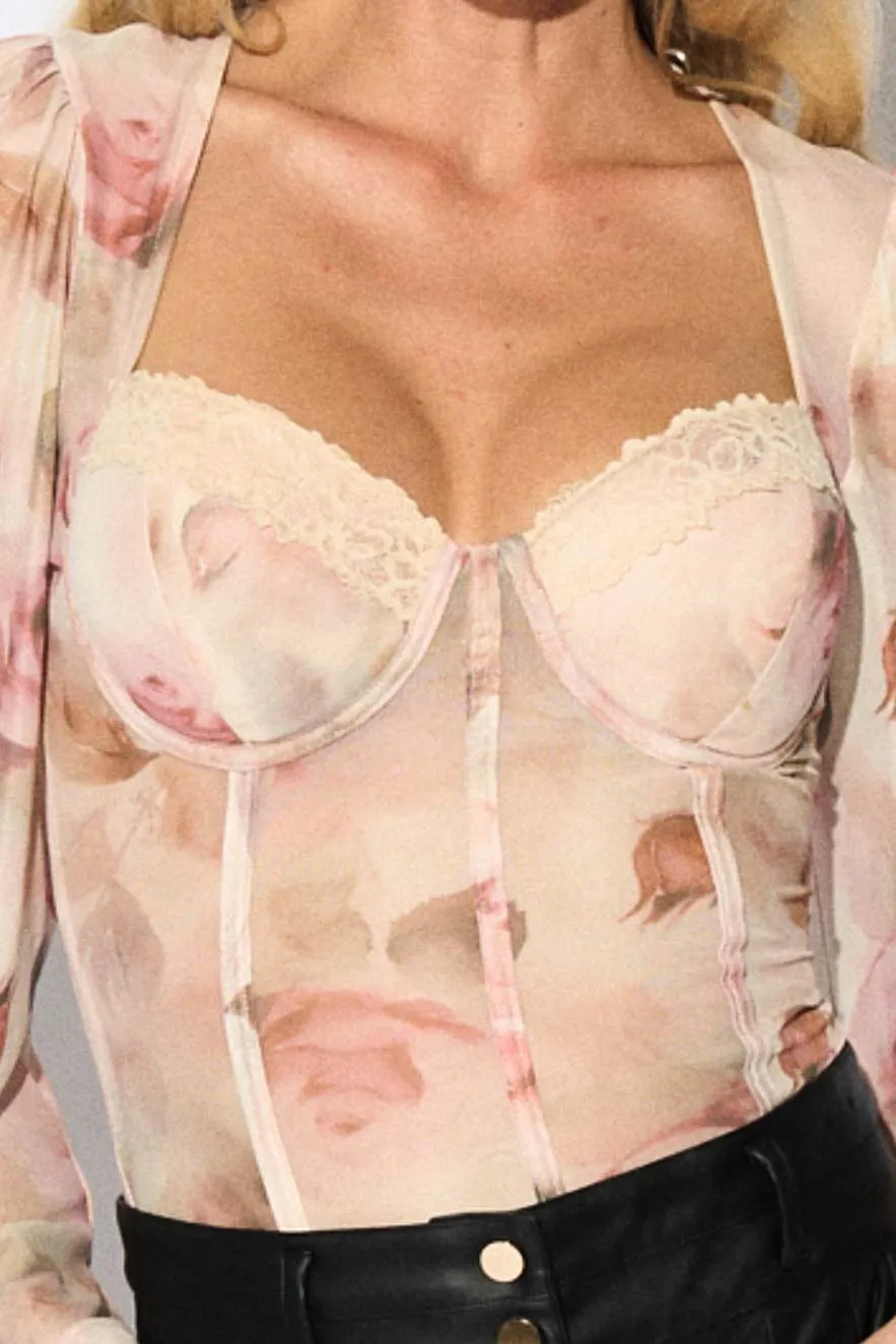 ROMANTIC FLORAL MESH LACE TRIM SWEETHEART BODYSUIT