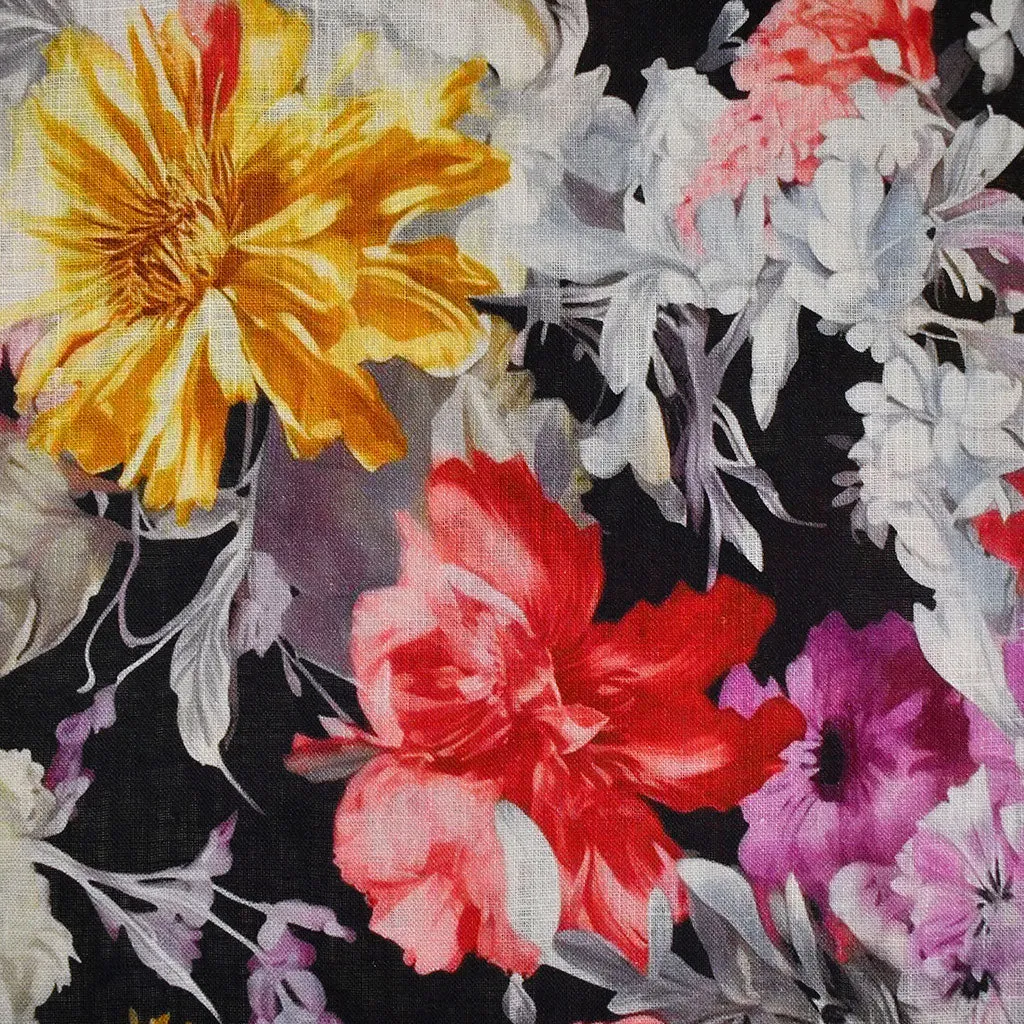 Romantic Still Life Floral Digital Print Ramie Shirting Black/Multi