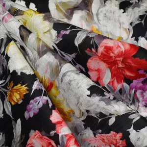 Romantic Still Life Floral Digital Print Ramie Shirting Black/Multi