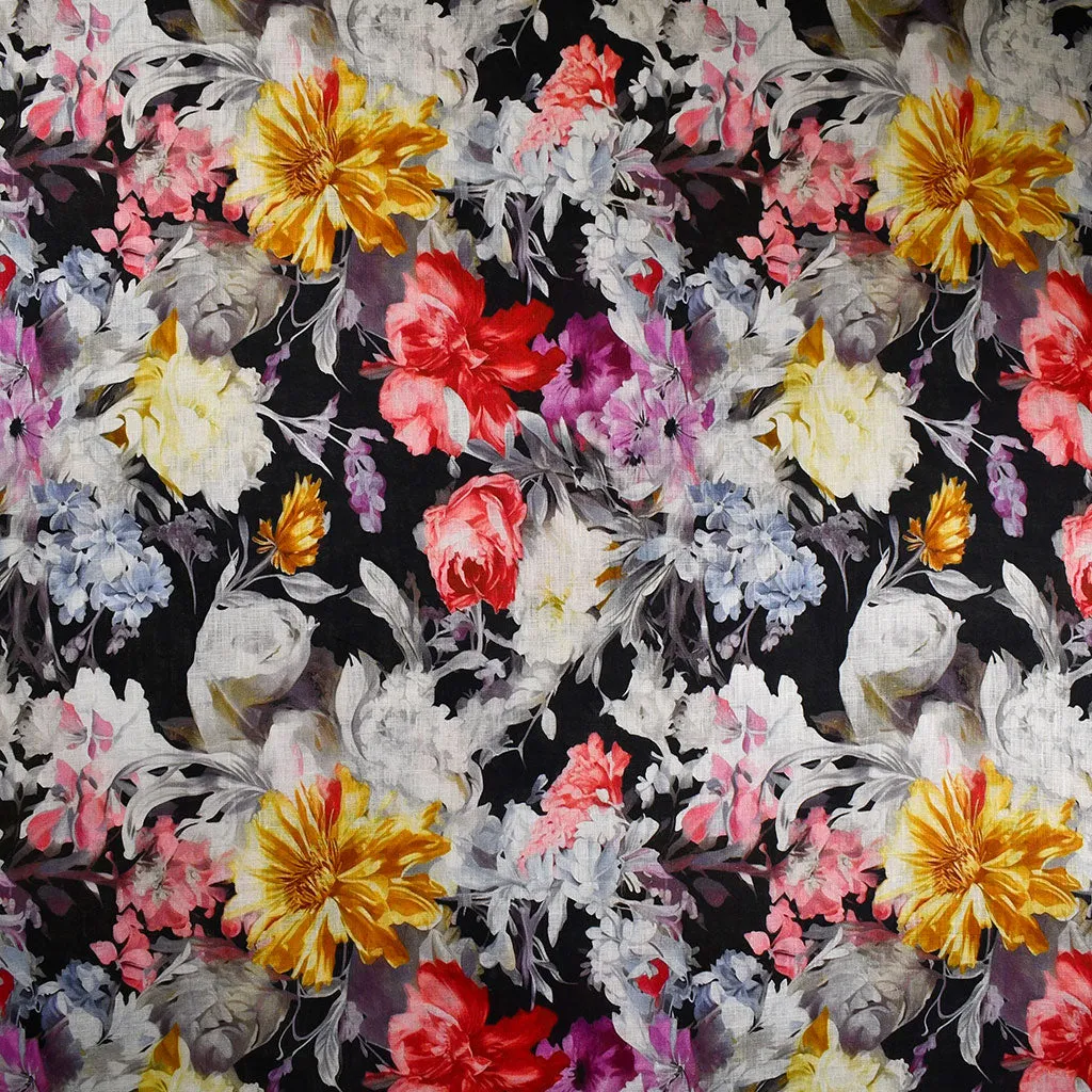 Romantic Still Life Floral Digital Print Ramie Shirting Black/Multi
