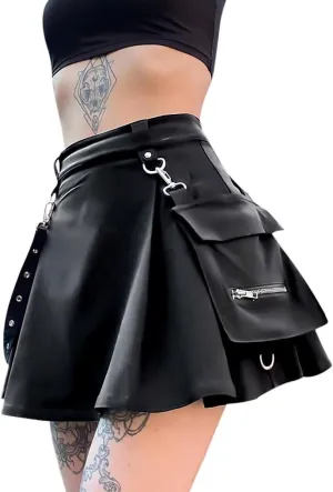 Ruolai Women's High Waist Leather Skater Skirt Black A-line Pleated Mini Skirts Classic Stretchy