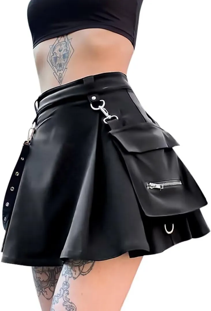 Ruolai Women's High Waist Leather Skater Skirt Black A-line Pleated Mini Skirts Classic Stretchy