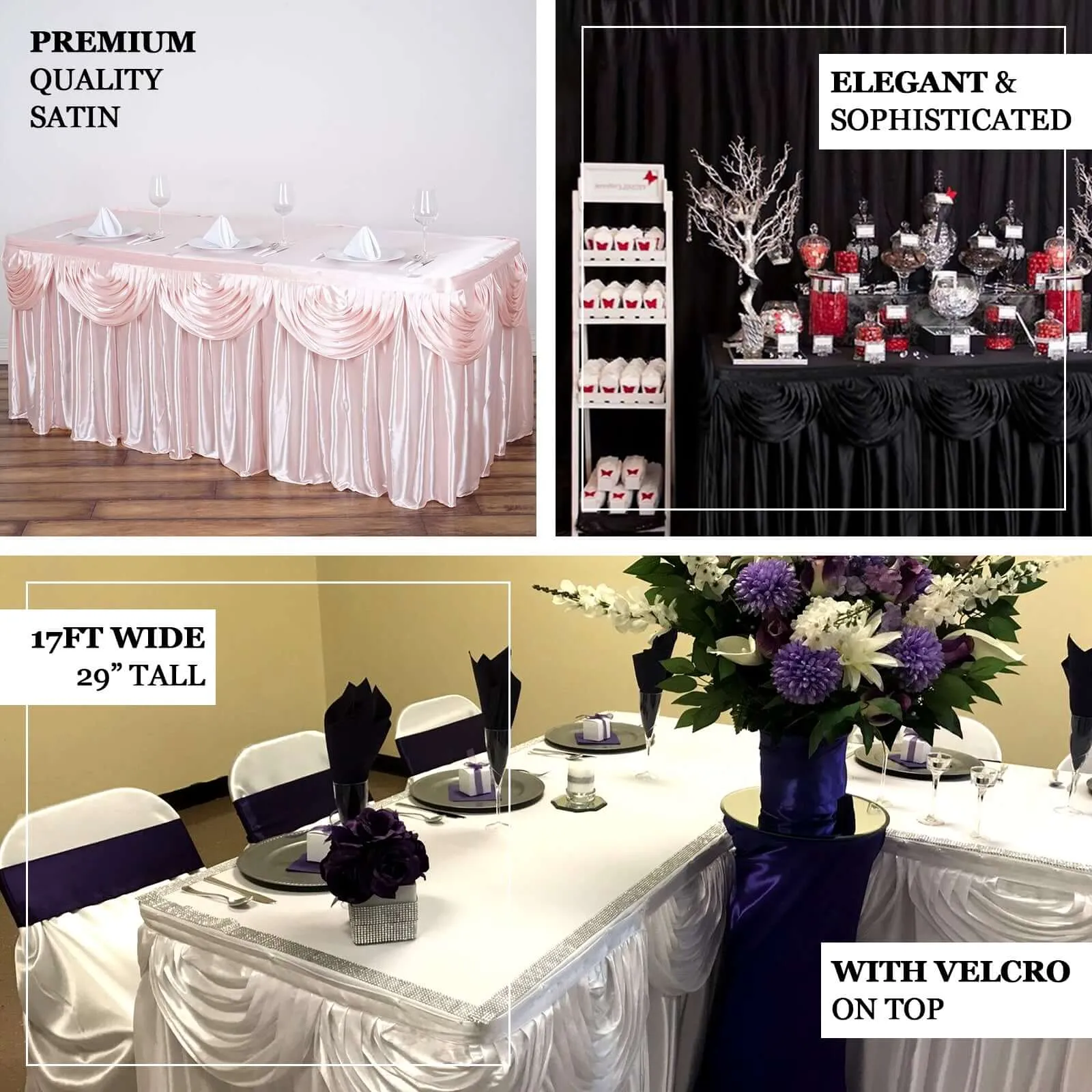 Satin Table Skirt 21ft Black - Pleated Double Drape Table Cover