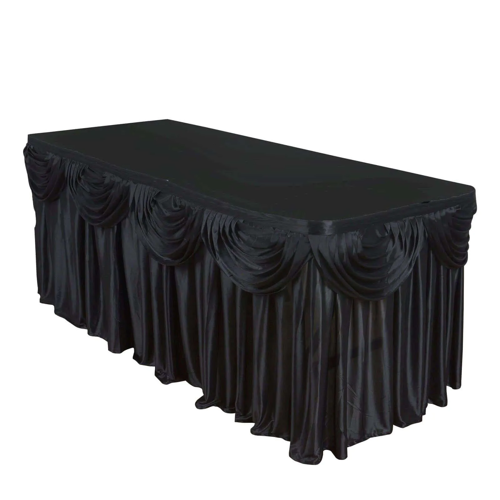 Satin Table Skirt 21ft Black - Pleated Double Drape Table Cover
