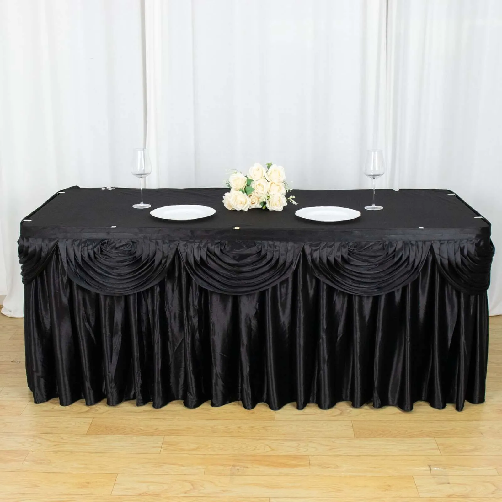 Satin Table Skirt 21ft Black - Pleated Double Drape Table Cover