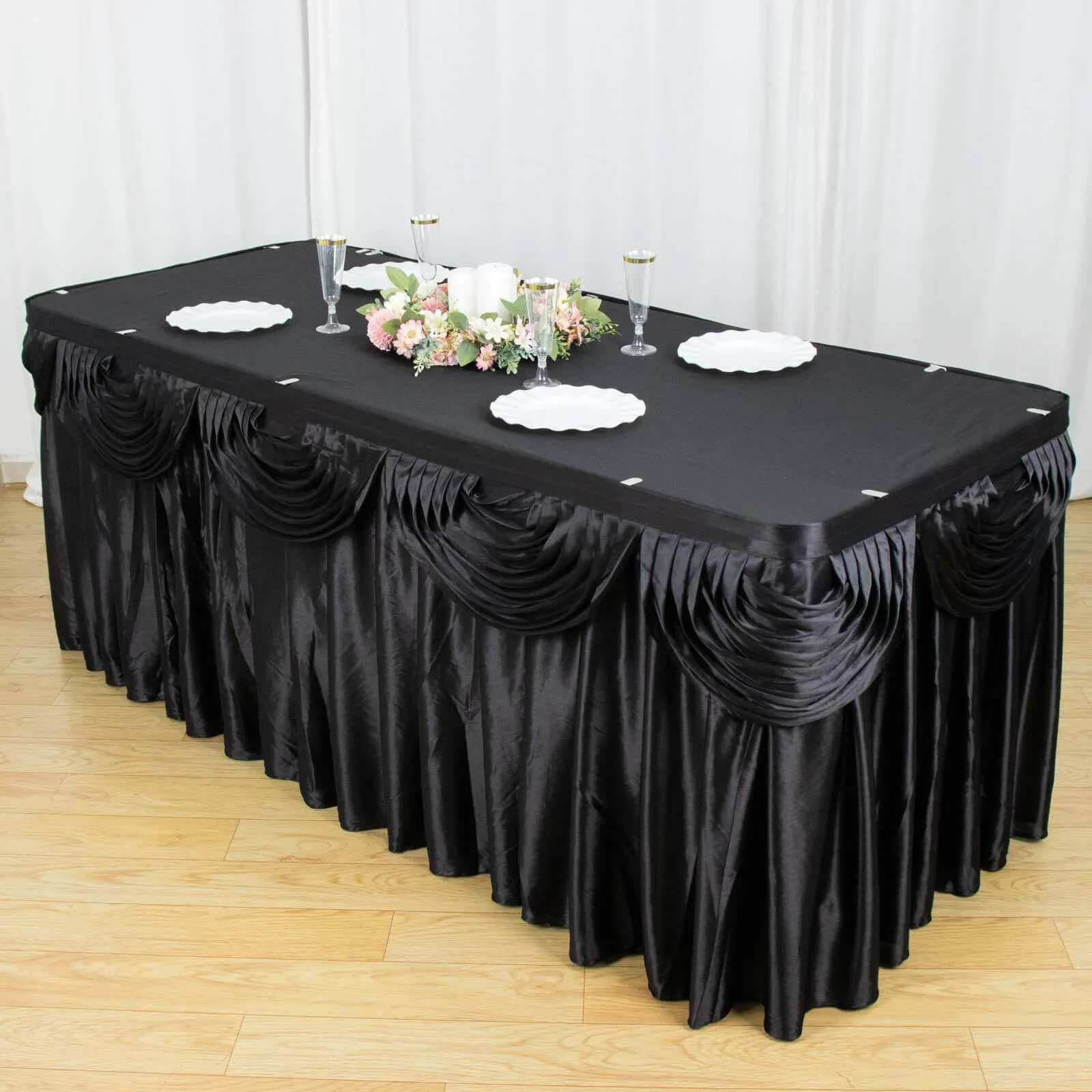 Satin Table Skirt 21ft Black - Pleated Double Drape Table Cover