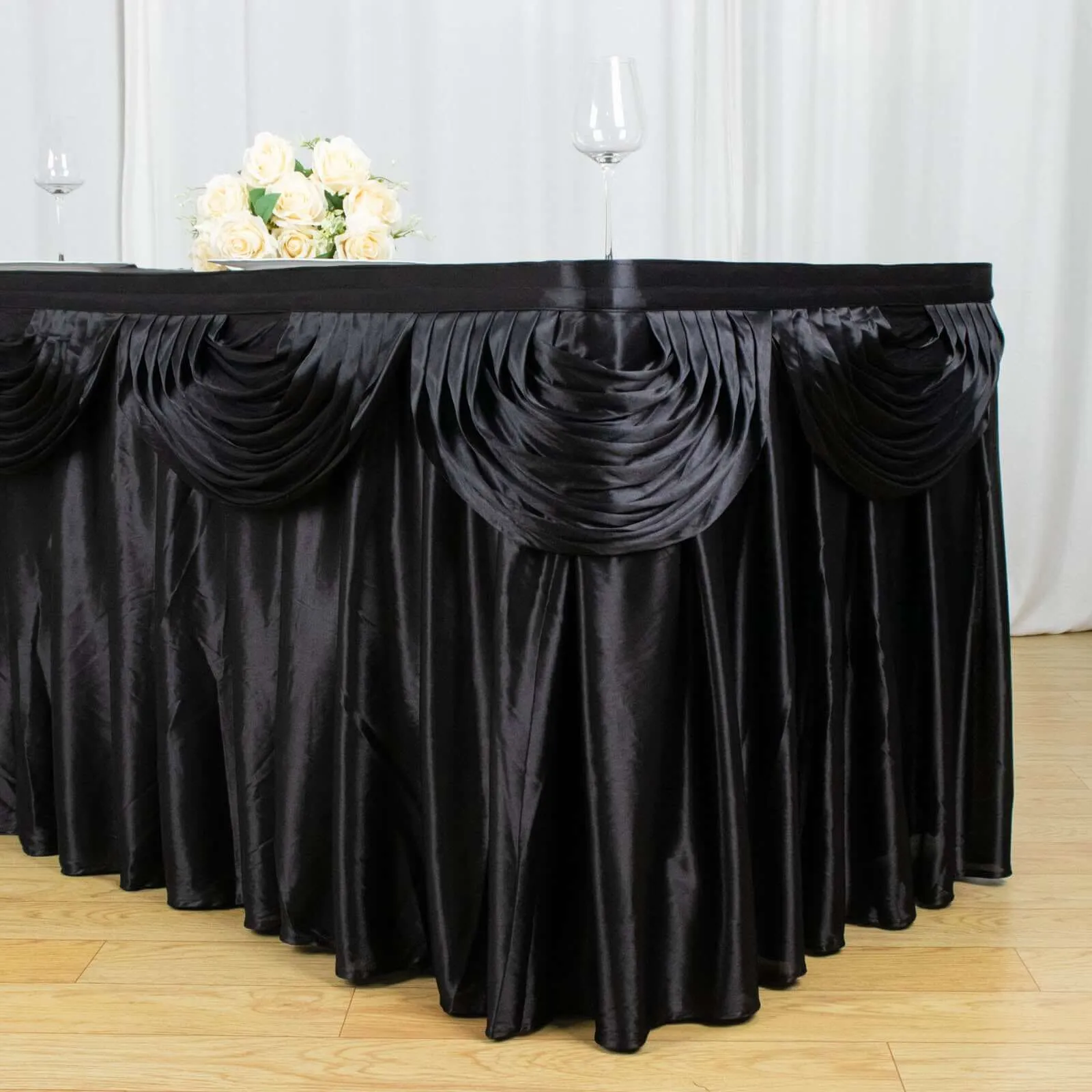 Satin Table Skirt 21ft Black - Pleated Double Drape Table Cover
