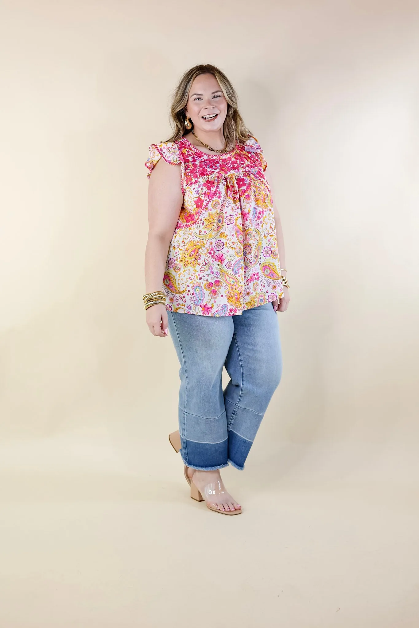 Serene Splendor Paisley Print Top with Pink Floral Embroidery in White