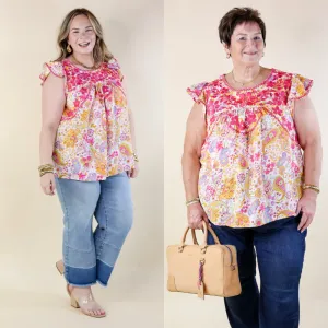 Serene Splendor Paisley Print Top with Pink Floral Embroidery in White