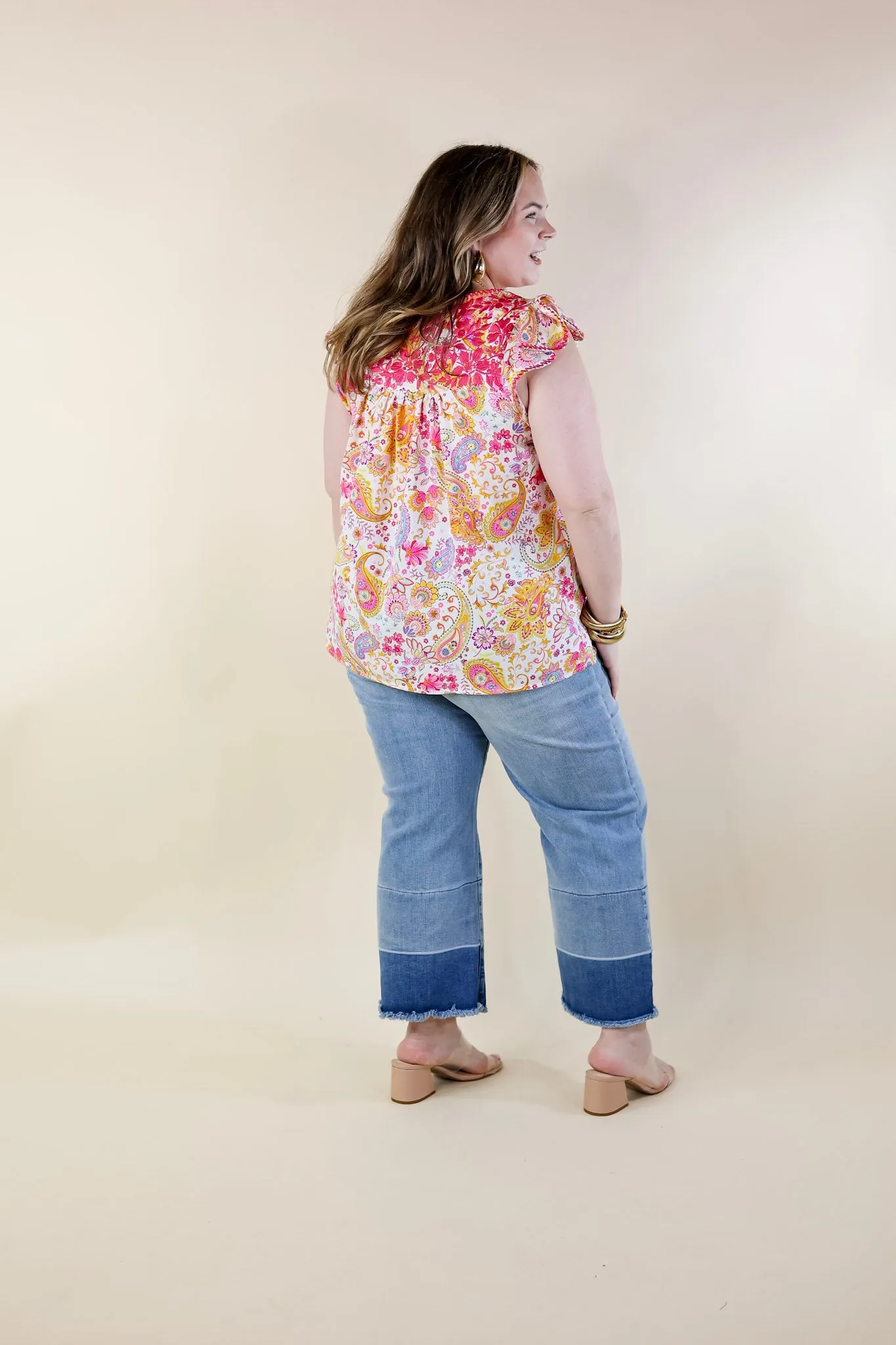 Serene Splendor Paisley Print Top with Pink Floral Embroidery in White
