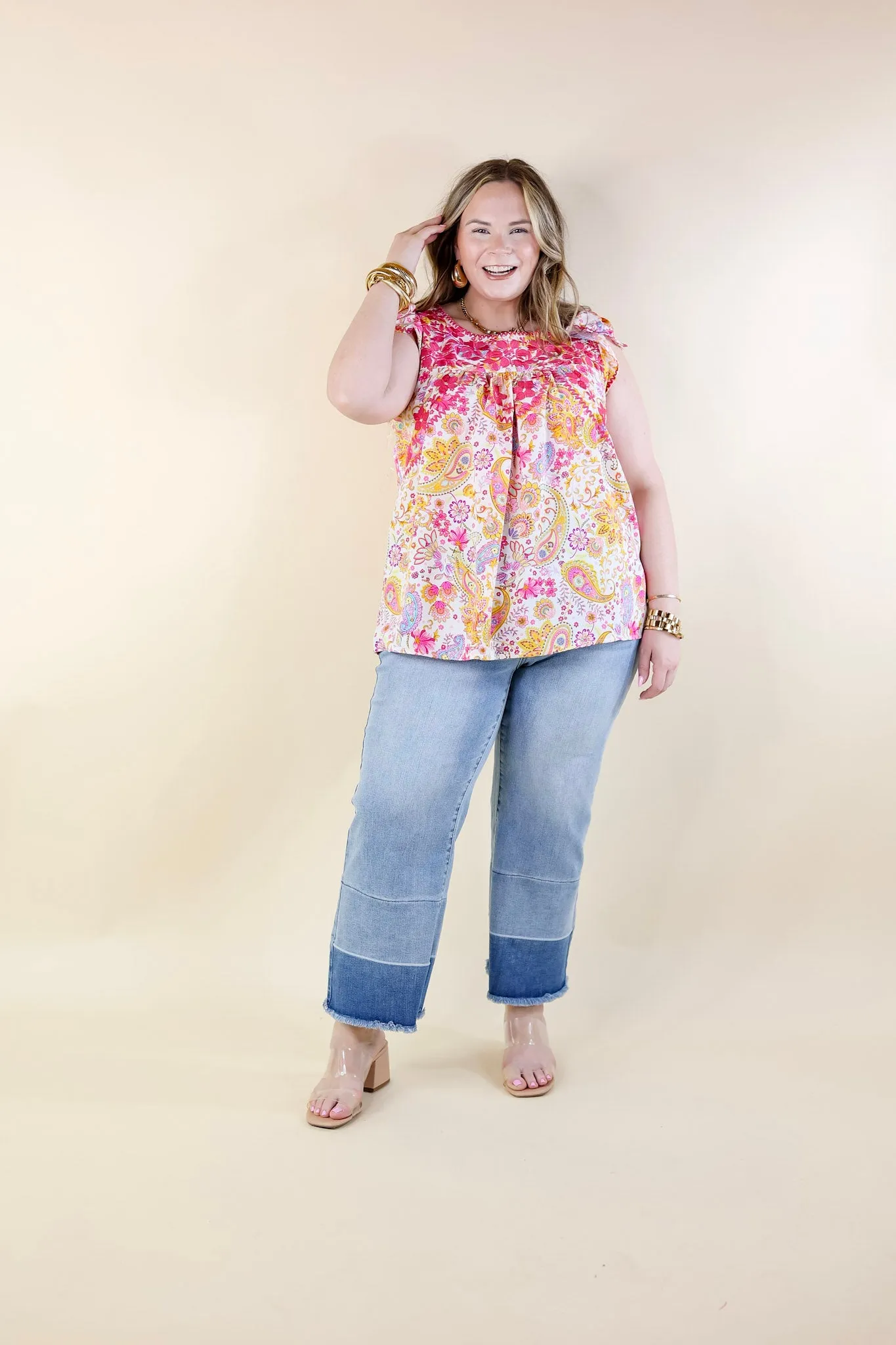 Serene Splendor Paisley Print Top with Pink Floral Embroidery in White