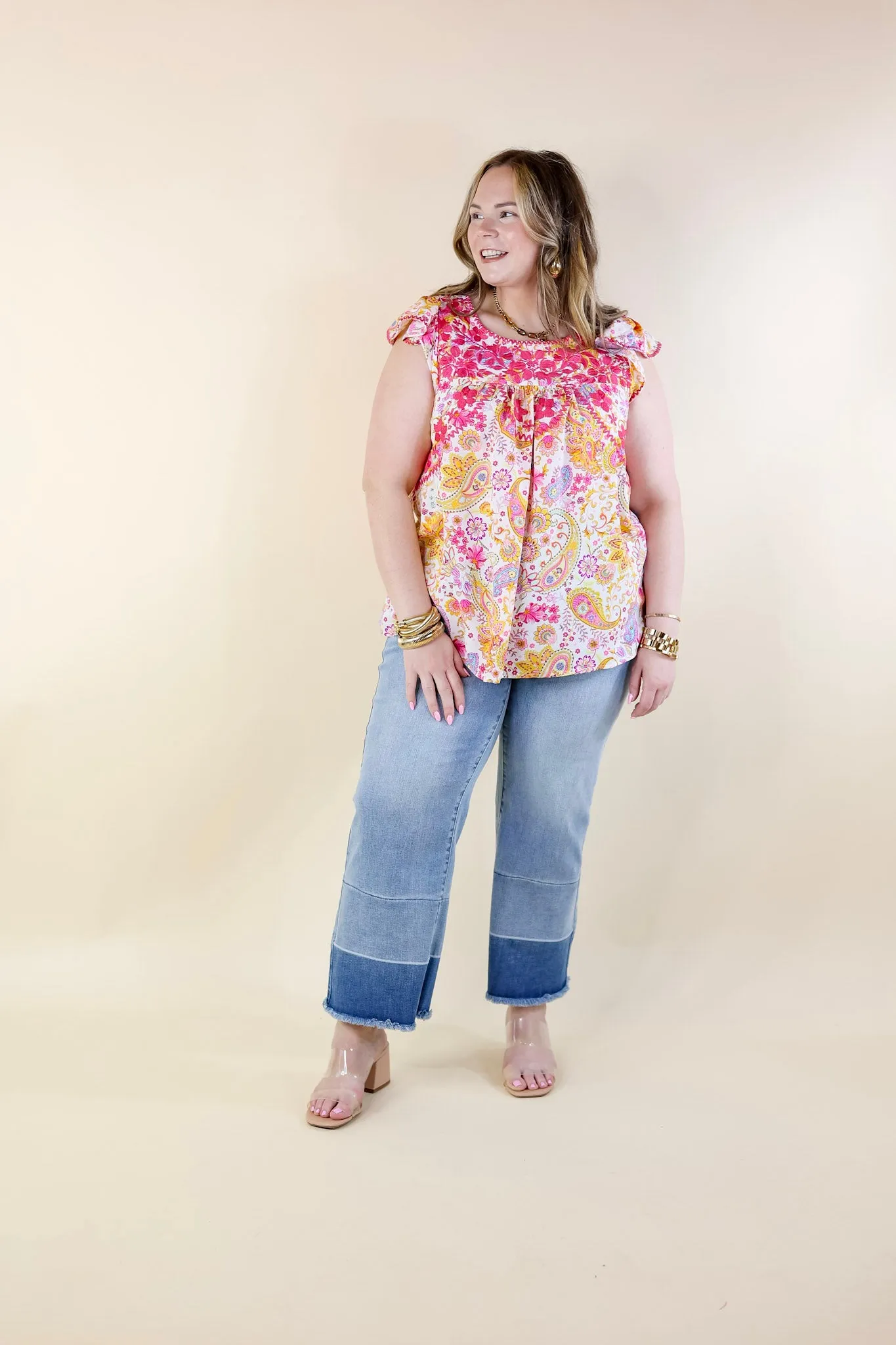 Serene Splendor Paisley Print Top with Pink Floral Embroidery in White