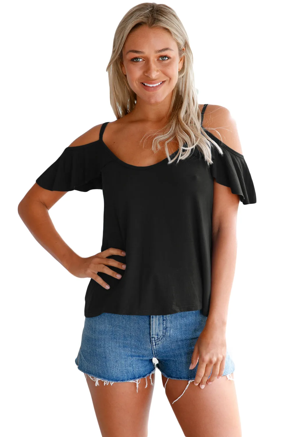 Sexy Black Crisscross Back Ruffle Cold Shoulder Top