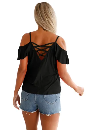 Sexy Black Crisscross Back Ruffle Cold Shoulder Top