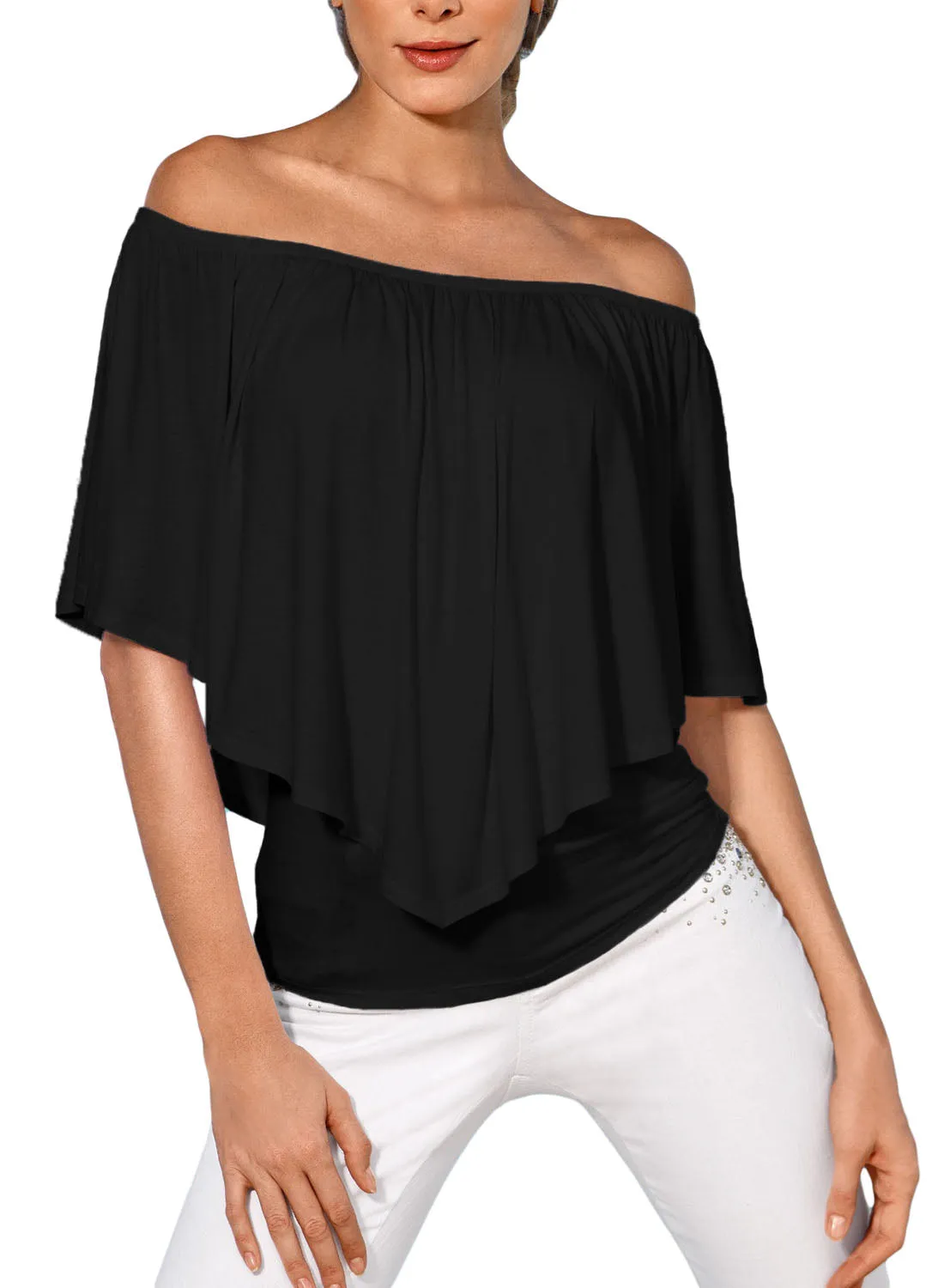 Sexy Black Multi-way Ruffle Women Top