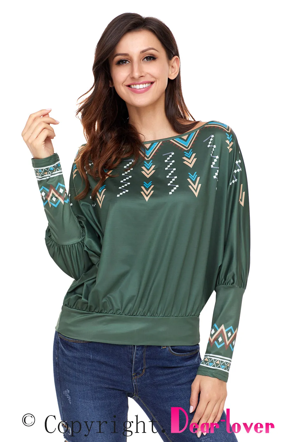 Sexy Green Printed Batwing Sleeve Skew Neck Blouse