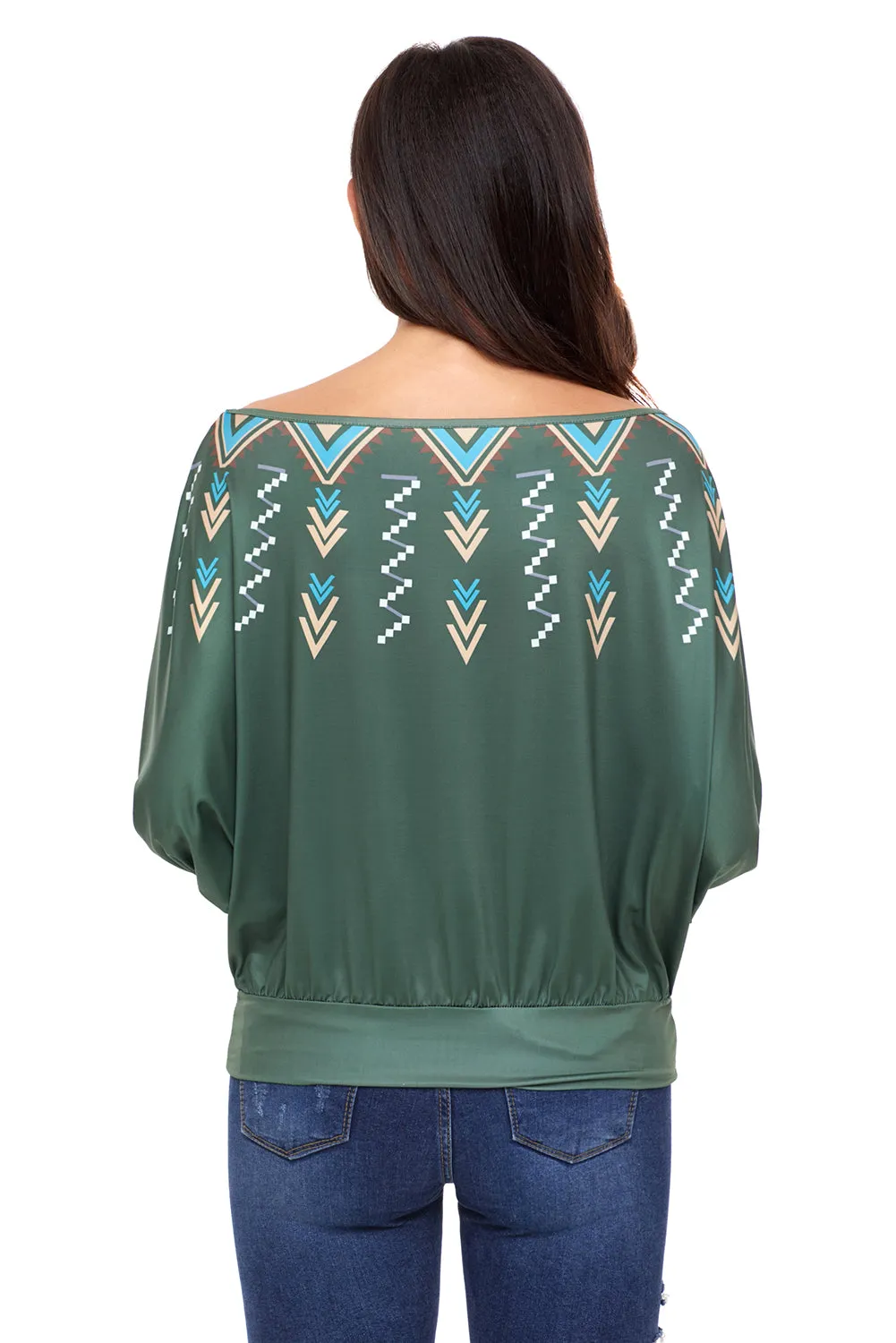 Sexy Green Printed Batwing Sleeve Skew Neck Blouse