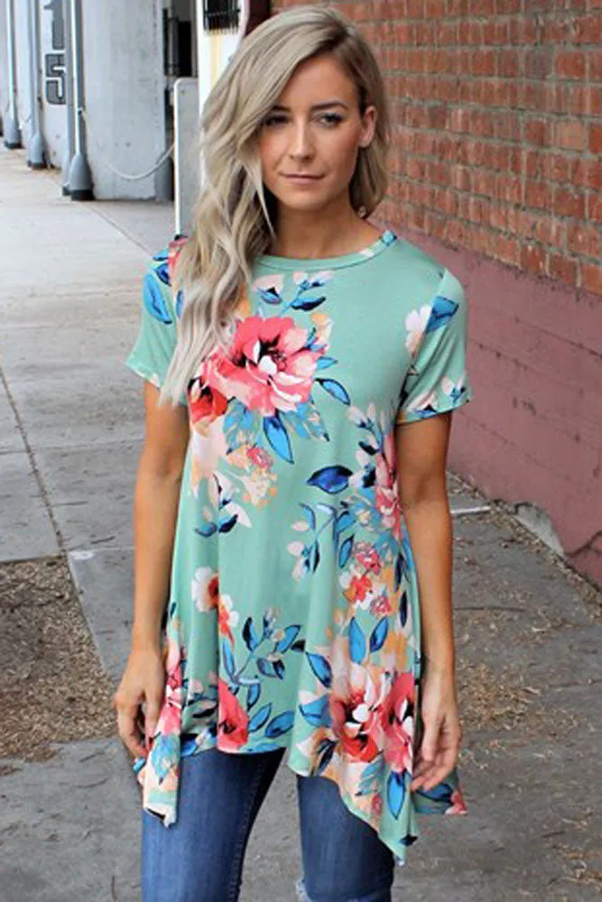 Sexy Mint Floral Short Sleeve Tunic
