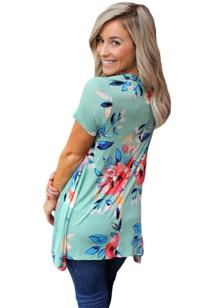 Sexy Mint Floral Short Sleeve Tunic