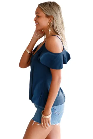 Sexy Navy Blue Crisscross Back Ruffle Cold Shoulder Top