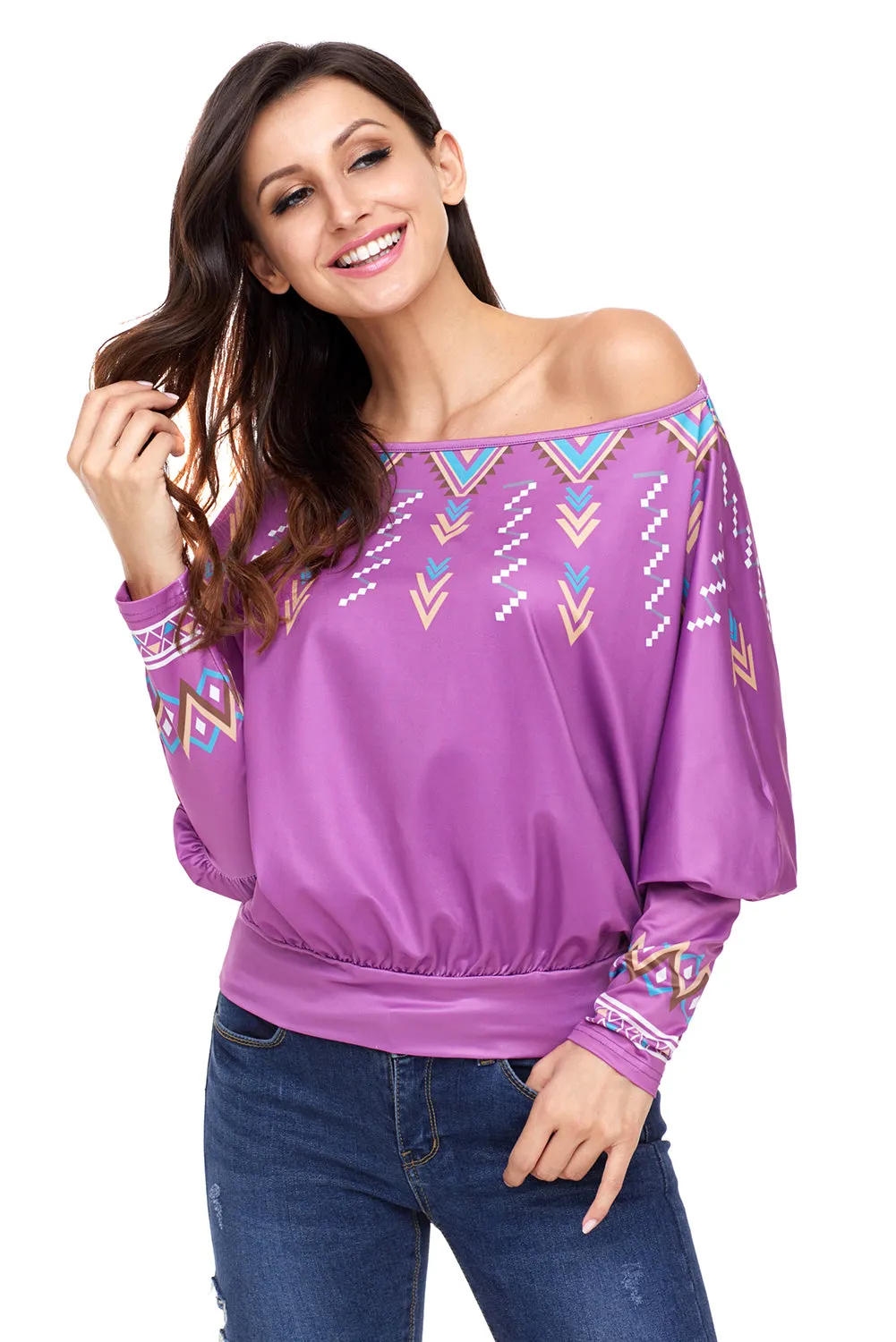 Sexy Purple Printed Batwing Sleeve Skew Neck Blouse