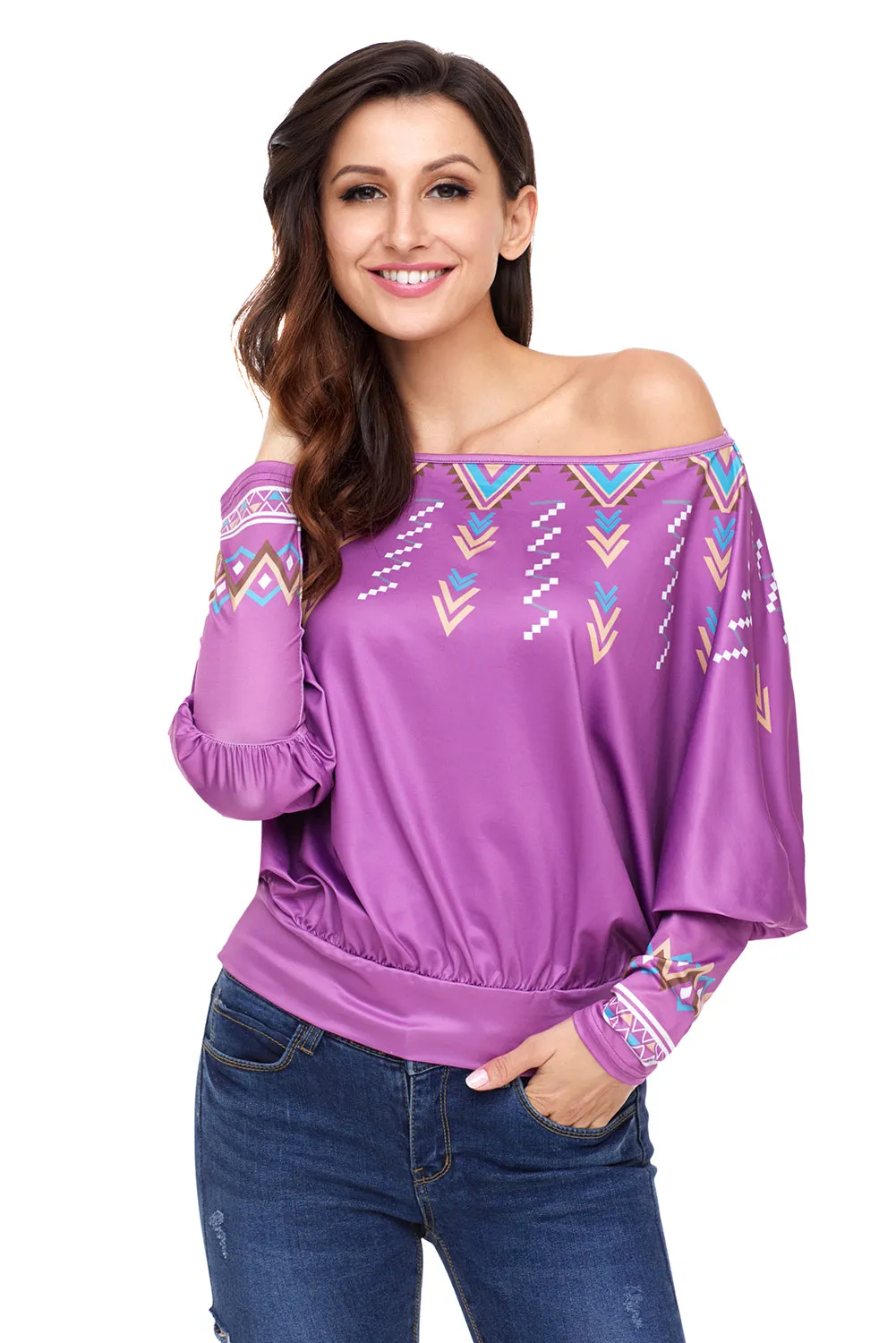 Sexy Purple Printed Batwing Sleeve Skew Neck Blouse