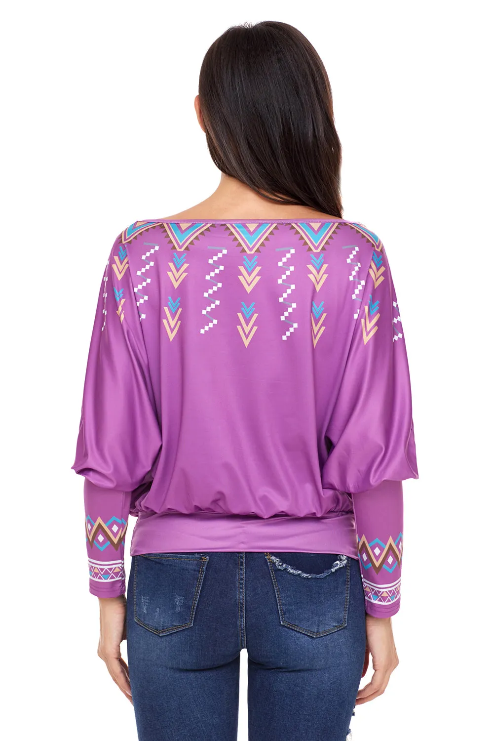 Sexy Purple Printed Batwing Sleeve Skew Neck Blouse