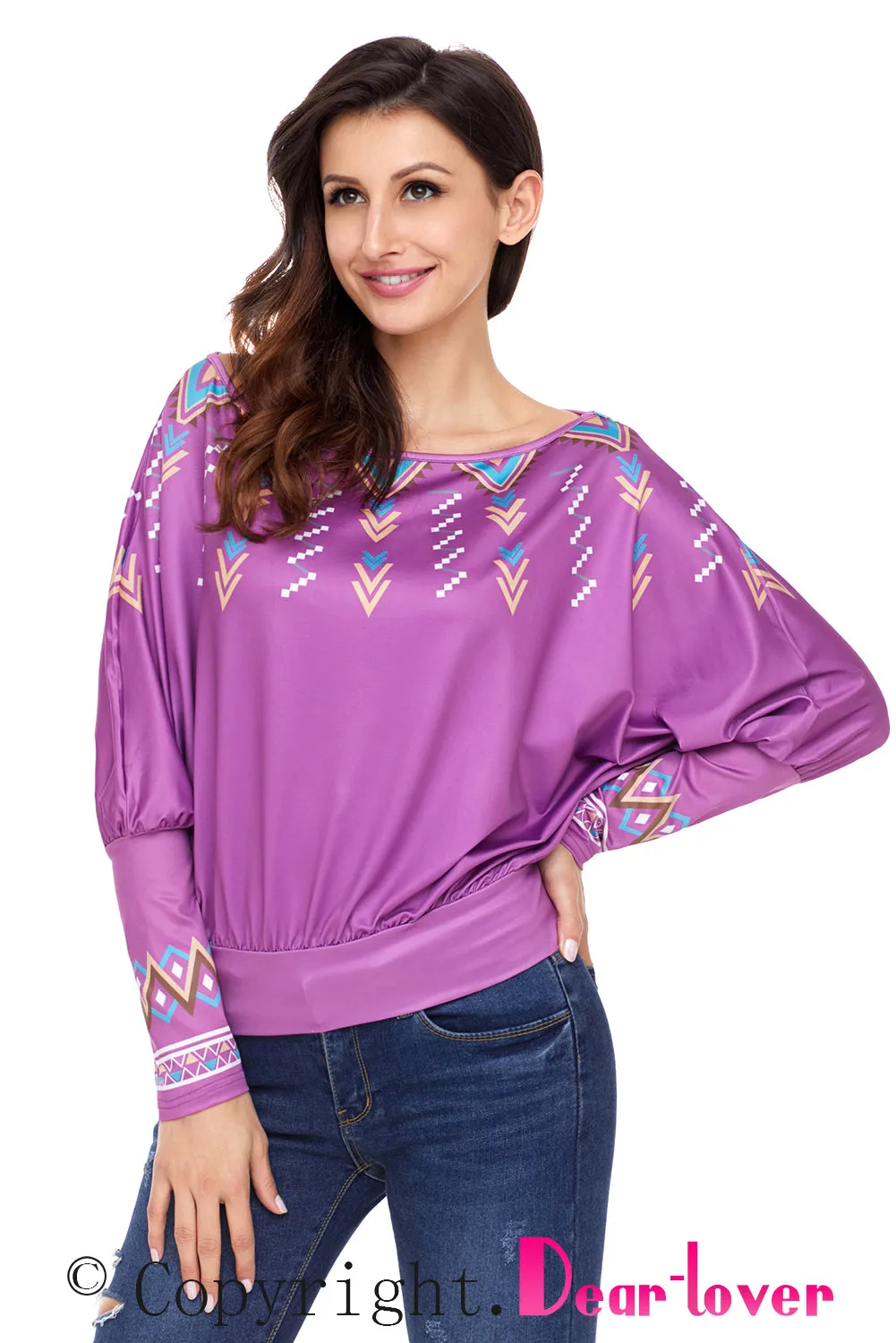 Sexy Purple Printed Batwing Sleeve Skew Neck Blouse