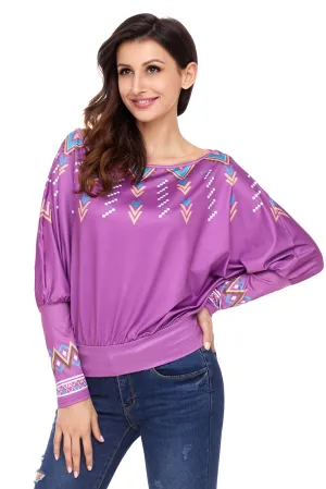 Sexy Purple Printed Batwing Sleeve Skew Neck Blouse