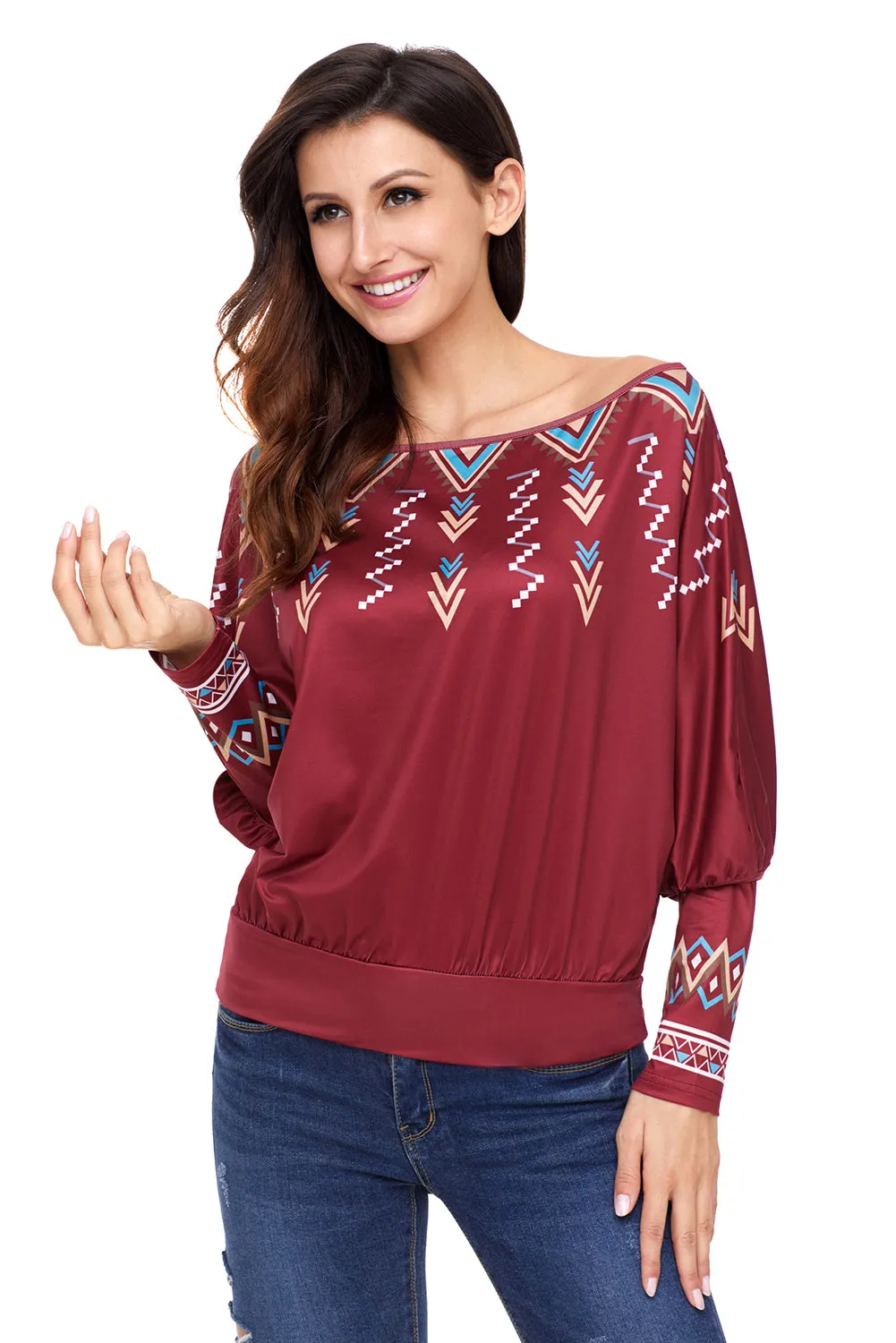 Sexy Red Printed Batwing Sleeve Skew Neck Blouse