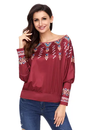 Sexy Red Printed Batwing Sleeve Skew Neck Blouse