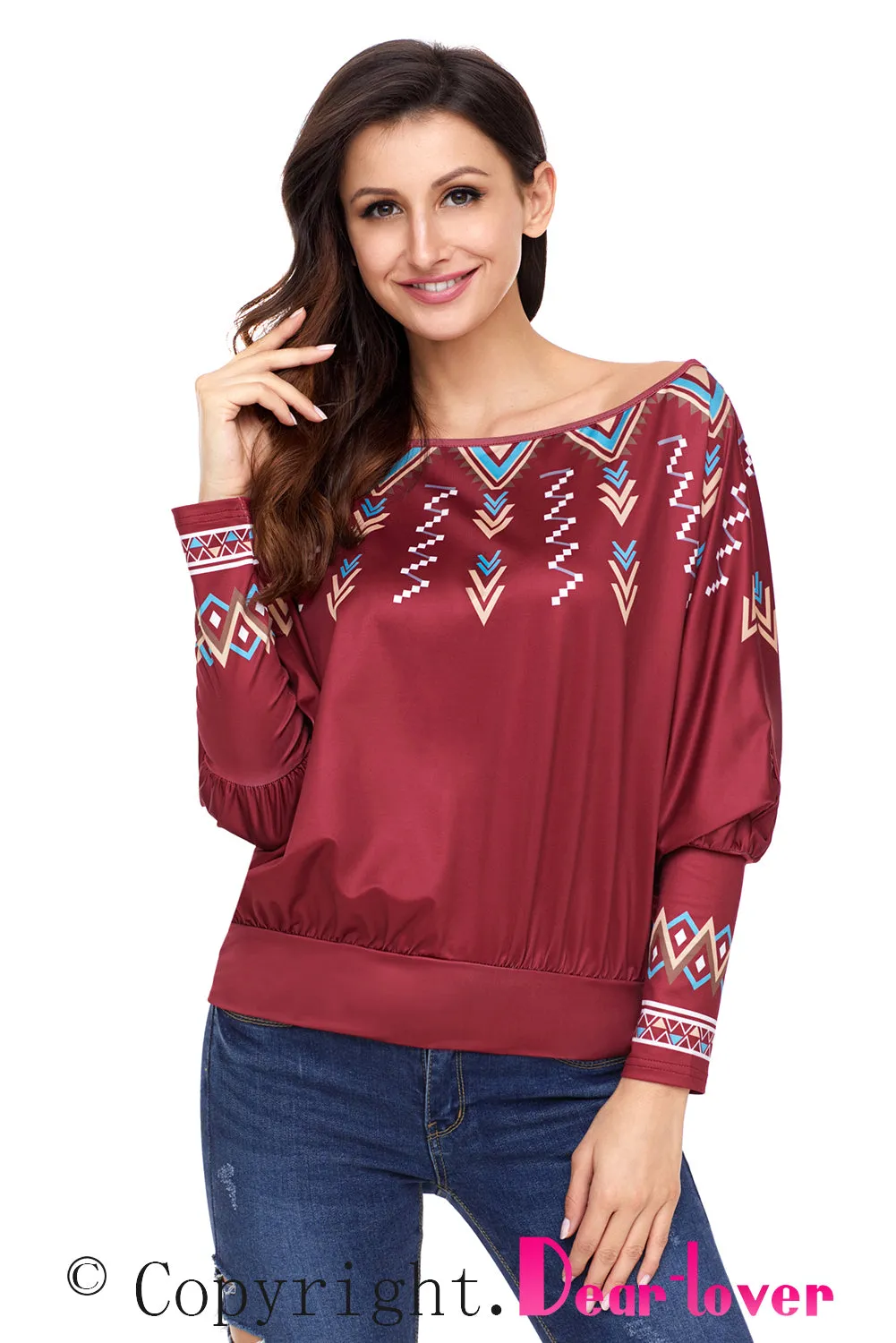 Sexy Red Printed Batwing Sleeve Skew Neck Blouse