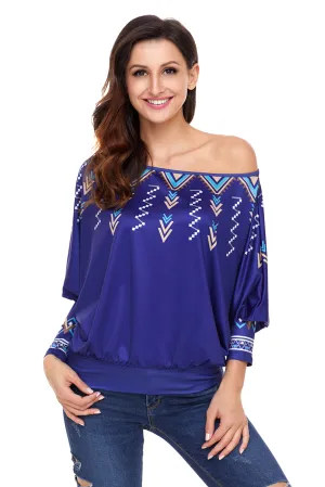 Sexy Royal Blue Printed Batwing Sleeve Skew Neck Blouse