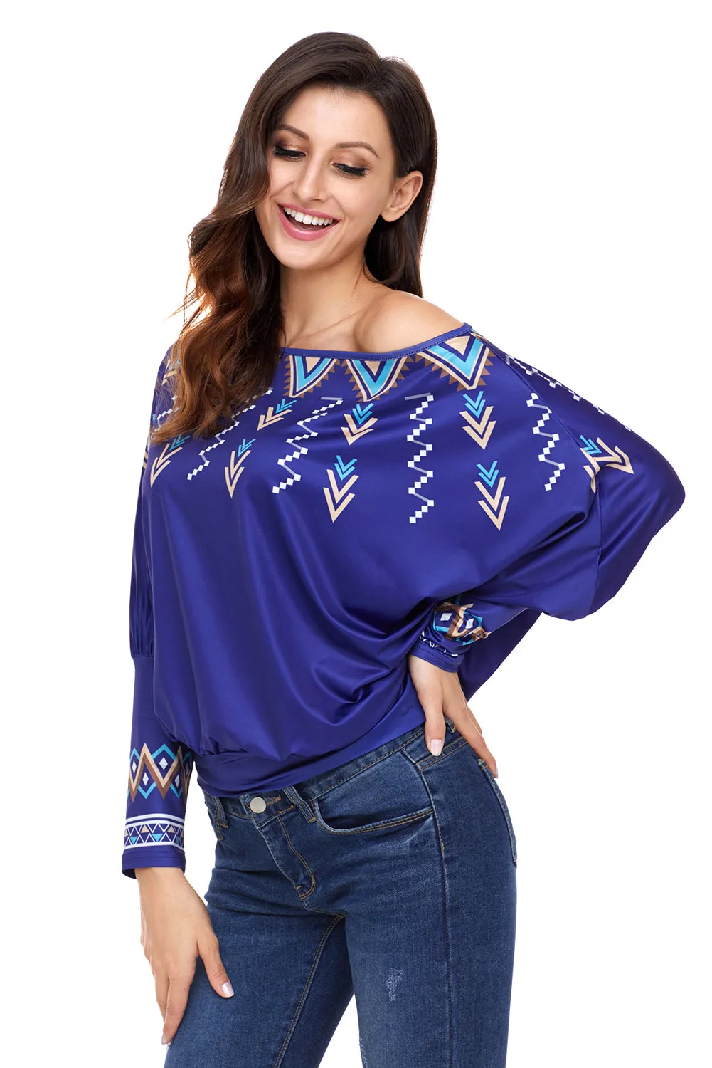 Sexy Royal Blue Printed Batwing Sleeve Skew Neck Blouse