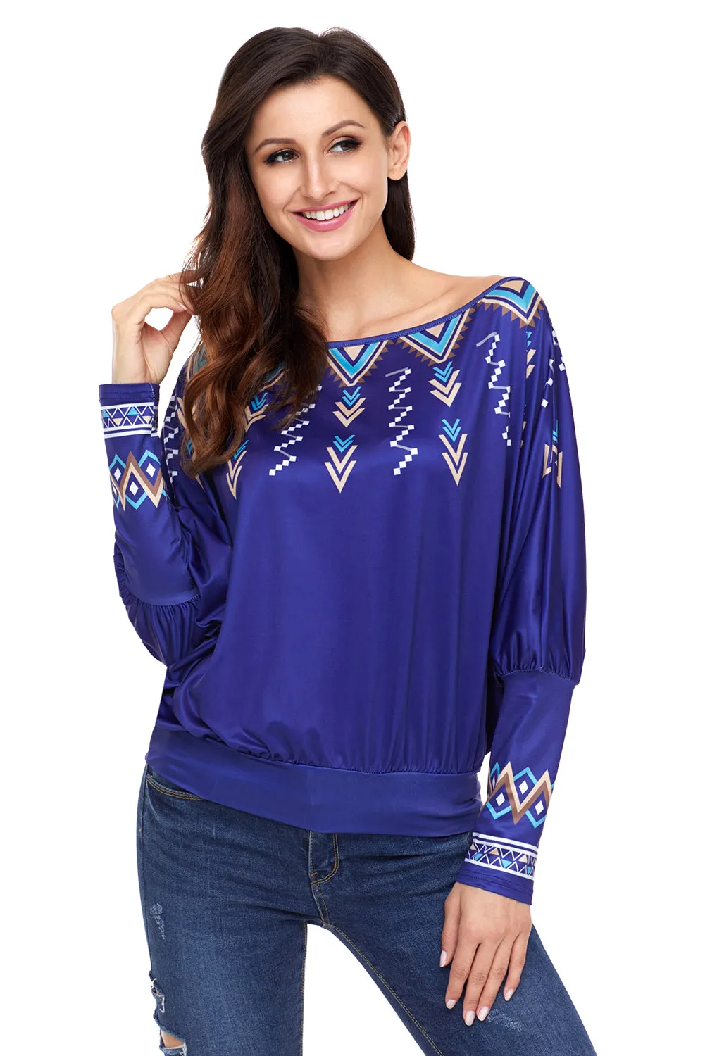 Sexy Royal Blue Printed Batwing Sleeve Skew Neck Blouse