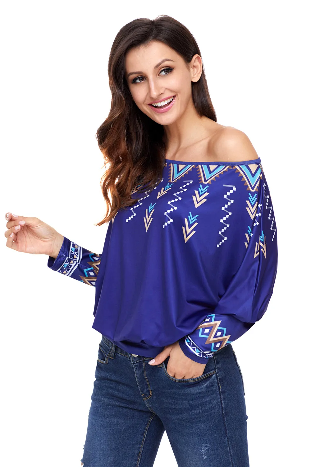 Sexy Royal Blue Printed Batwing Sleeve Skew Neck Blouse