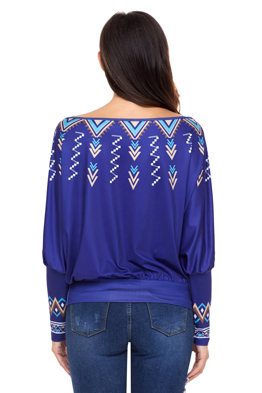 Sexy Royal Blue Printed Batwing Sleeve Skew Neck Blouse