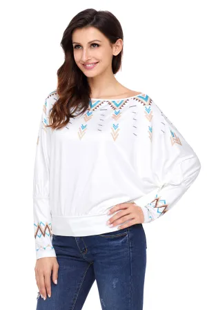 Sexy White Printed Batwing Sleeve Skew Neck Blouse
