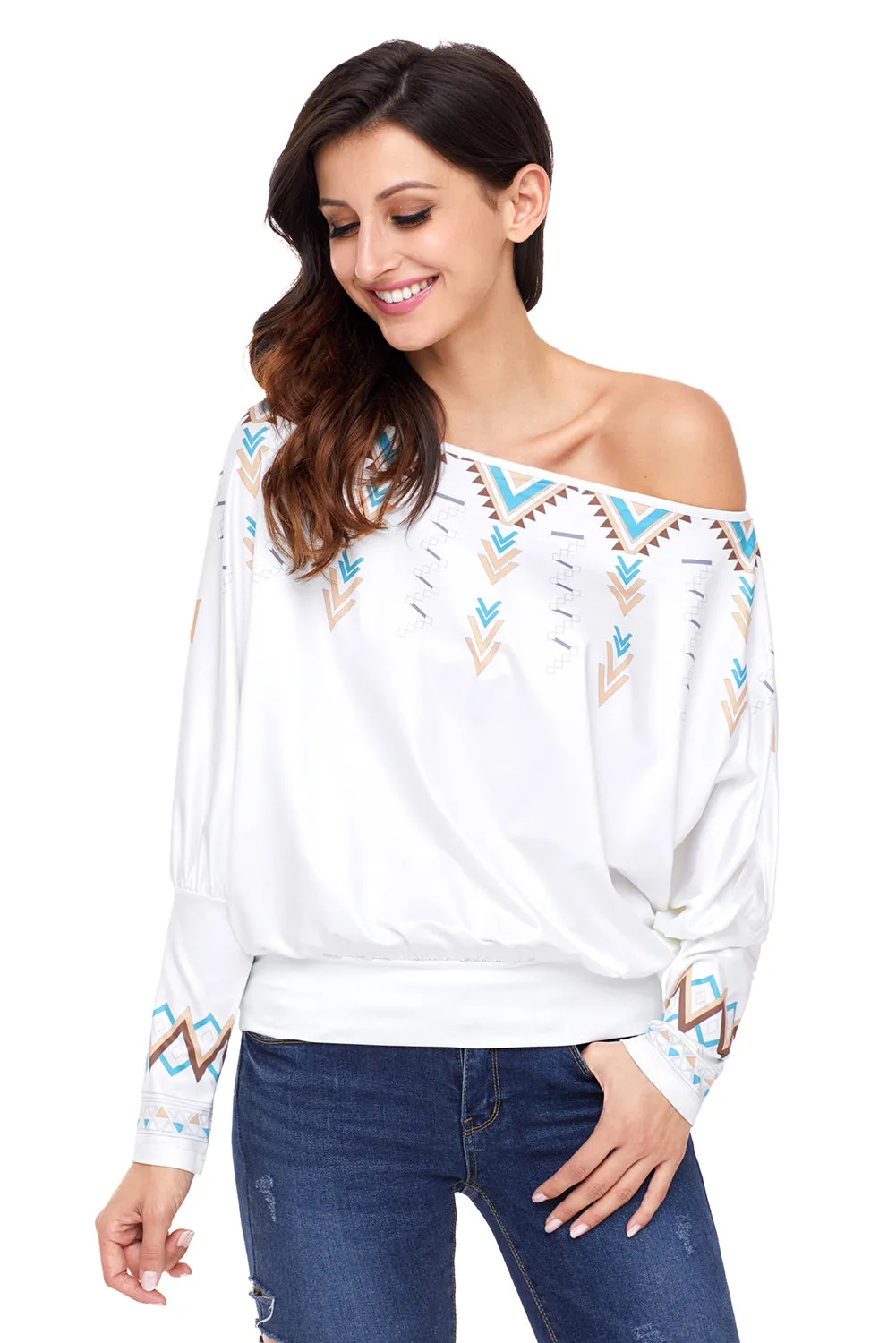 Sexy White Printed Batwing Sleeve Skew Neck Blouse