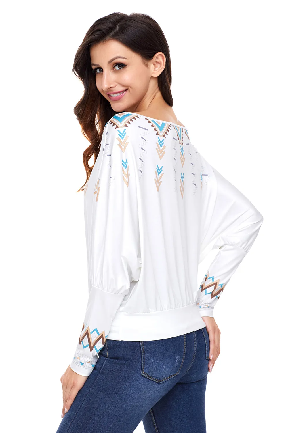 Sexy White Printed Batwing Sleeve Skew Neck Blouse