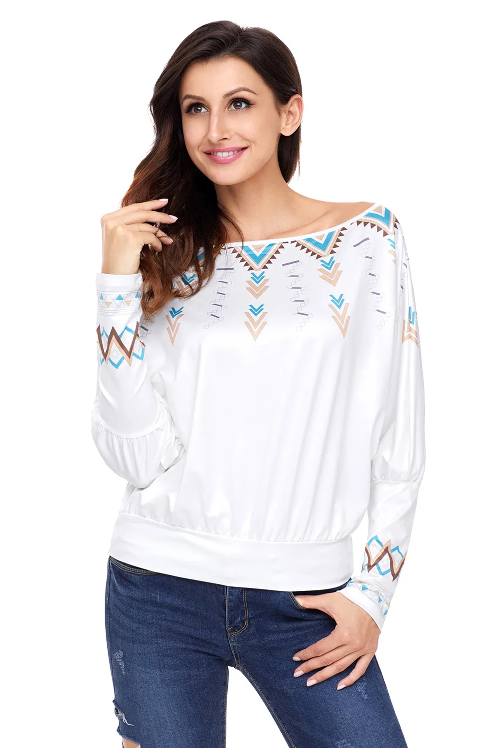 Sexy White Printed Batwing Sleeve Skew Neck Blouse