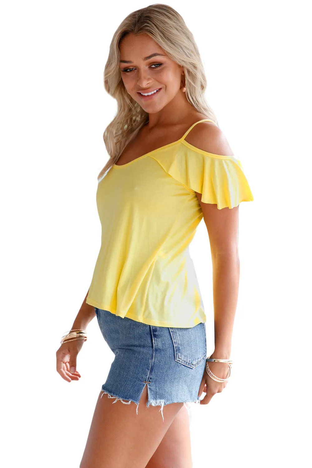 Sexy Yellow Crisscross Back Ruffle Cold Shoulder Top